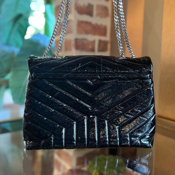 SAINT LAURENT Loulou Medium Black Patent Y Quilted Monogram Chain Shoulder Bag - Picture 3 of 16